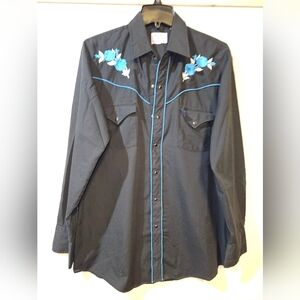 Vintage Black Western Shirt with Blue Floral Embroidery